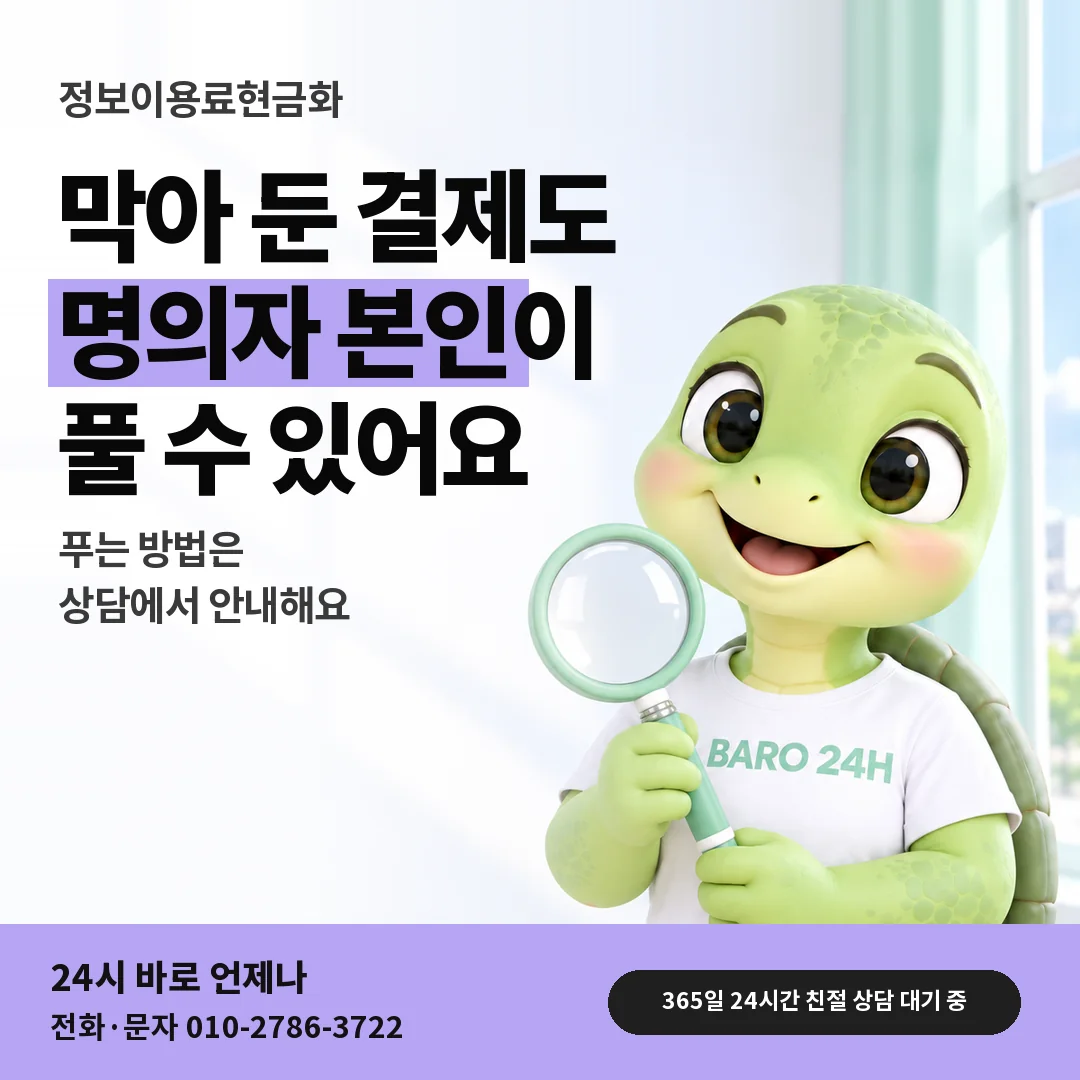 돋보기를 든 BARO 24H 티셔츠를 입은 3D 거북이 캐릭터 옆에 「정보이용료 결제 차단 풀기」 제목을 얹은 안내 카드
